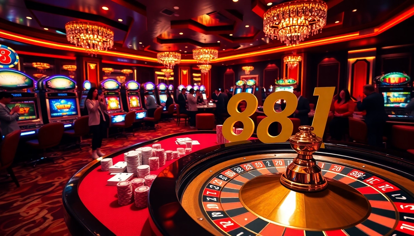 Players enjoying games at 88I casino, with poker chips and a roulette wheel in focus.