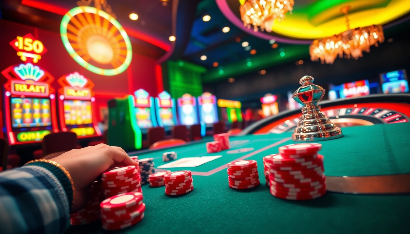 Exciting gambling scene at https://zx88.live/ with players at a poker table and slot machines.