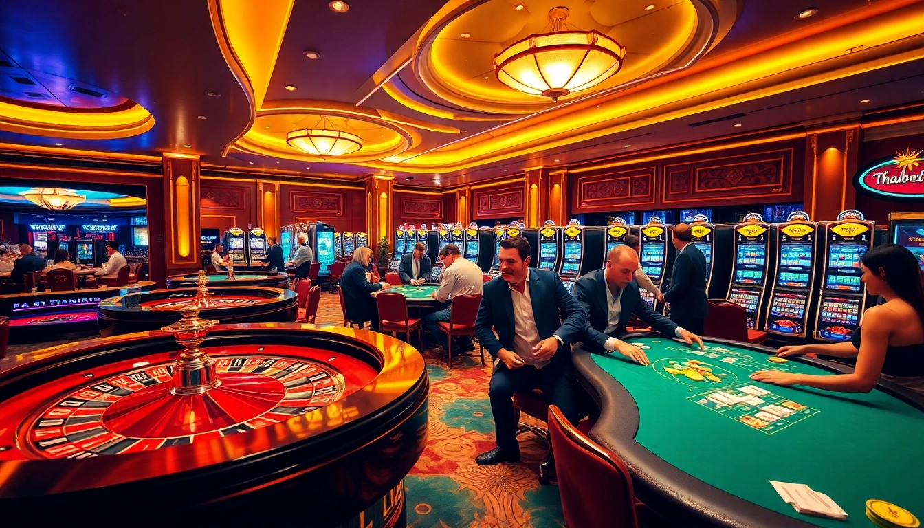 Thrilling gameplay at thabet casino with vibrant lights and engaged players.