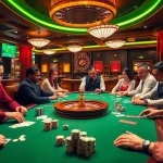 Engaged players at a high-stakes poker table showcasing tylenhacai7.com with chips, cards, and excitement.