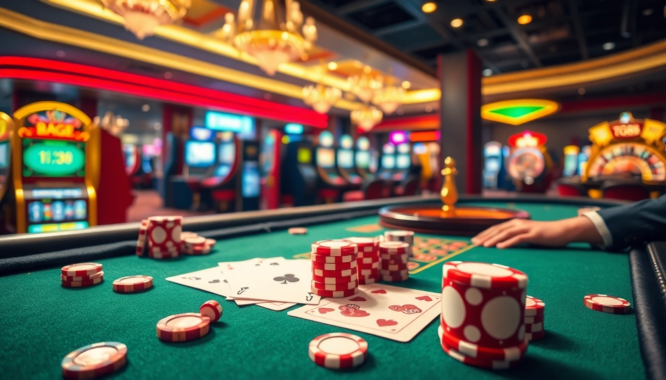 TG88 players strategizing at a vibrant casino table with cards and chips.