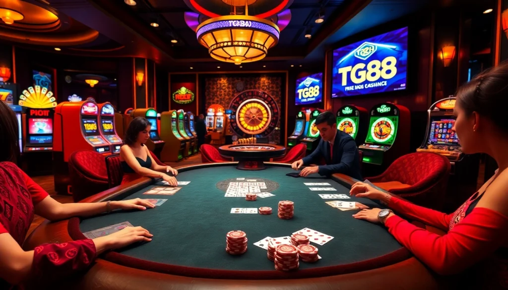 Experience the excitement of gambling at TG88 casino with vibrant poker tables and slot machines.