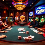 Experience the excitement of gambling at TG88 casino with vibrant poker tables and slot machines.