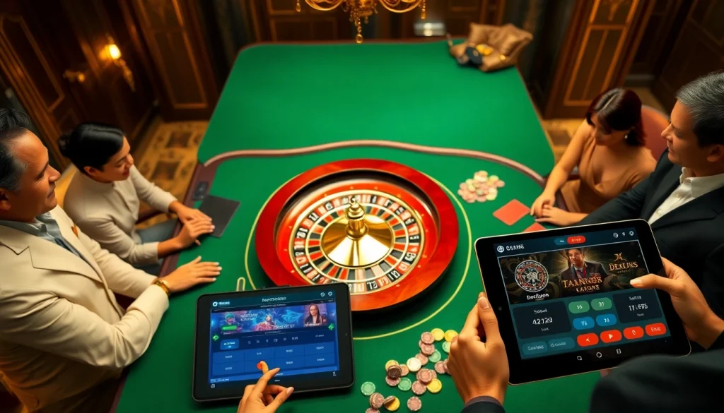 Experience the thrill of Trang Chủ OK8386 at a luxurious casino table with vibrant gaming elements.