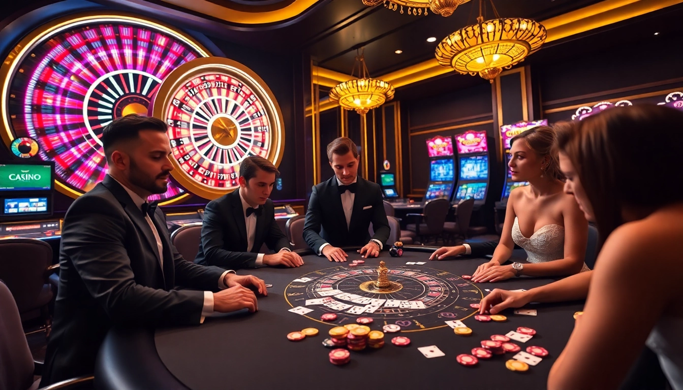 Experience the excitement of 68VIP with players engaged in blackjack and roulette at a luxurious casino.