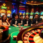 High-stakes players engaged in poker at a glamorous casino, showcasing b52 gaming elements.