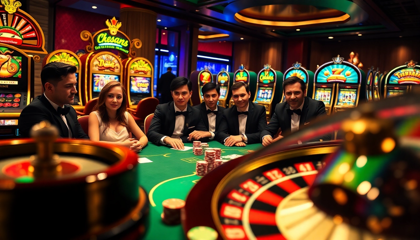 High-stakes players engaged in poker at a glamorous casino, showcasing b52 gaming elements.