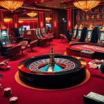 Exciting gaming action at a luxurious casino with dh88-themed roulette and poker tables.