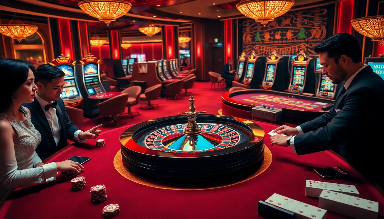 Exciting gaming action at a luxurious casino with dh88-themed roulette and poker tables.