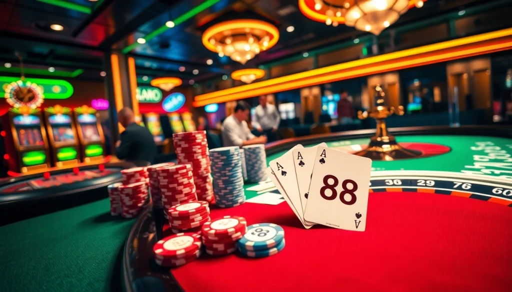 Engaged gamblers strategizing their bets with TR88-themed poker chips at a vibrant casino table.