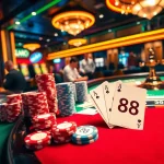 Engaged gamblers strategizing their bets with TR88-themed poker chips at a vibrant casino table.