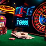 Professional gambler placing bets on TG88 poker table with vibrant chips and digital casino interface