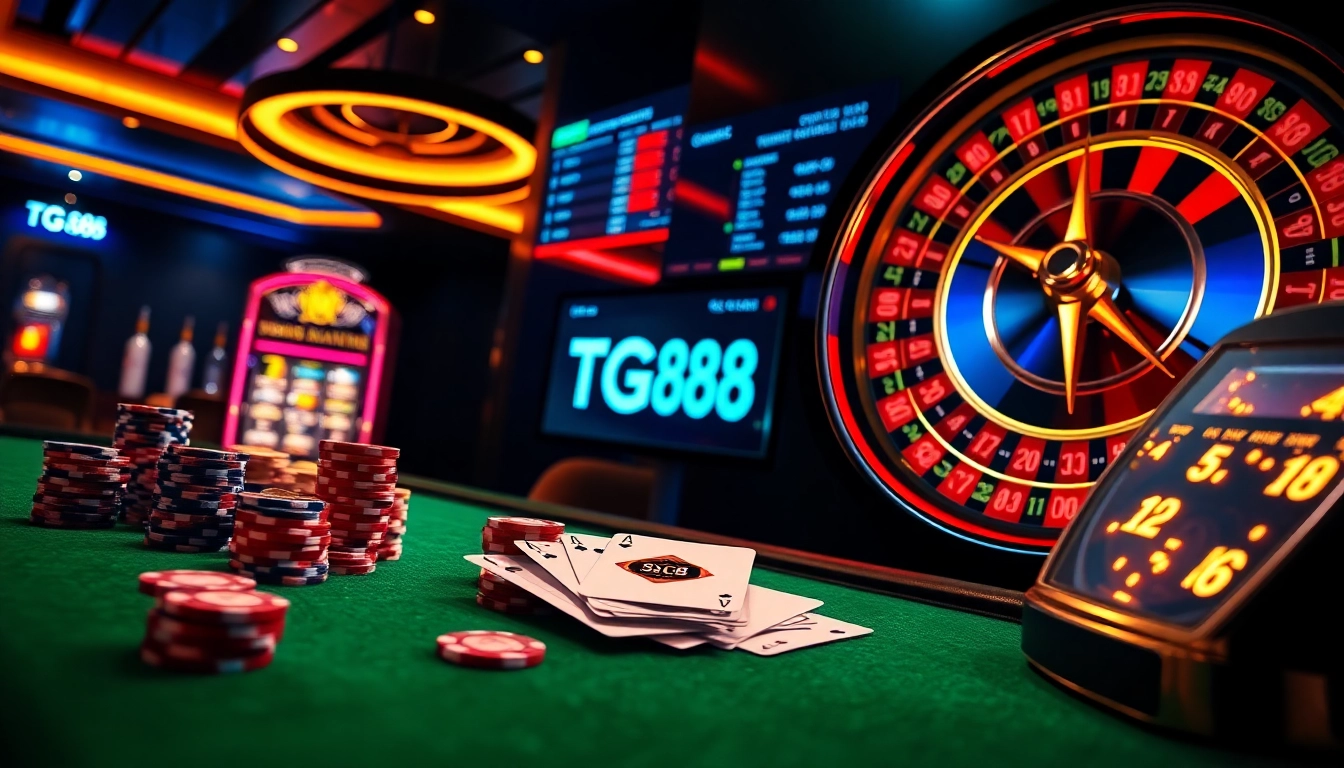 Professional gambler placing bets on TG88 poker table with vibrant chips and digital casino interface