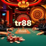 Players enjoying a thrilling poker game at a luxurious casino table, emphasizing the excitement of tr88 gaming.