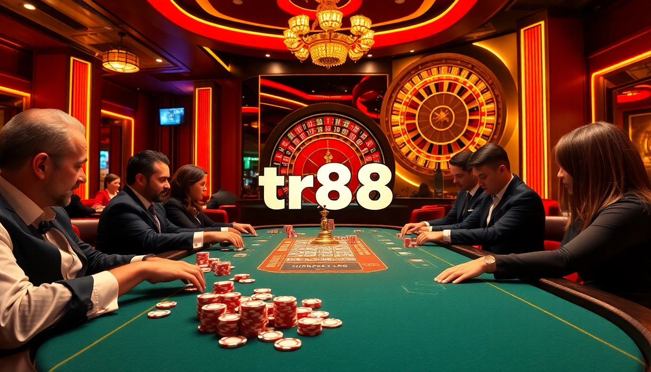 Players enjoying a thrilling poker game at a luxurious casino table, emphasizing the excitement of tr88 gaming.