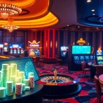 Engaging scene depicting gamblers at https://rr88c.pro/, enjoying online casino games featuring vibrant slot machines and roulette wheels.