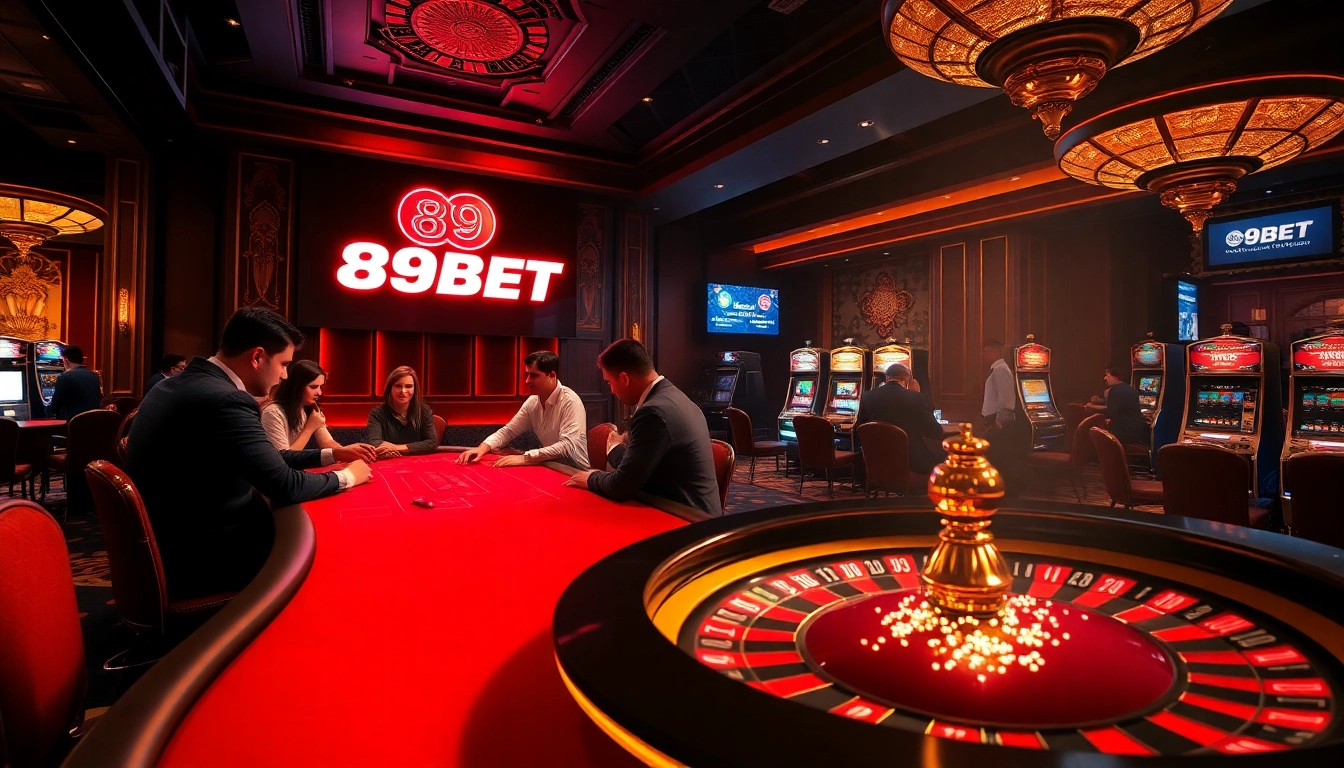 Experience the thrilling atmosphere of 89BET with luxury casino tables and vibrant players.