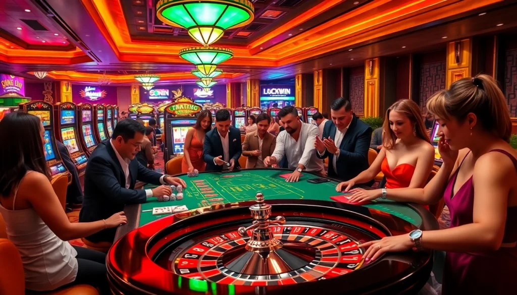 Luckywin gaming table in a vibrant casino scene with players and colorful slot machines.