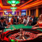 Luckywin gaming table in a vibrant casino scene with players and colorful slot machines.