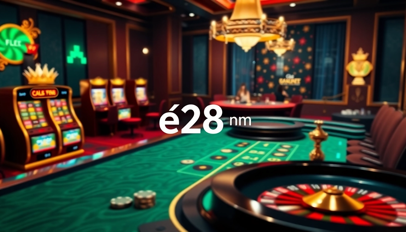 Experience thrilling online gaming with e28 my at a luxurious casino table and slot machines.