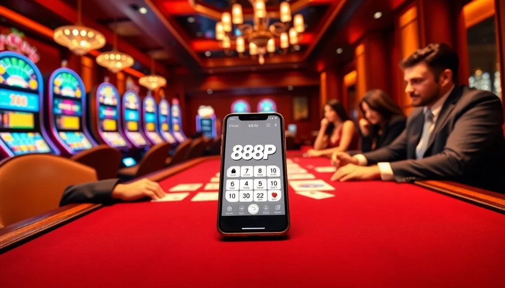 Exciting casino scene featuring nhà cái 888P poker players and vibrant slot machines.