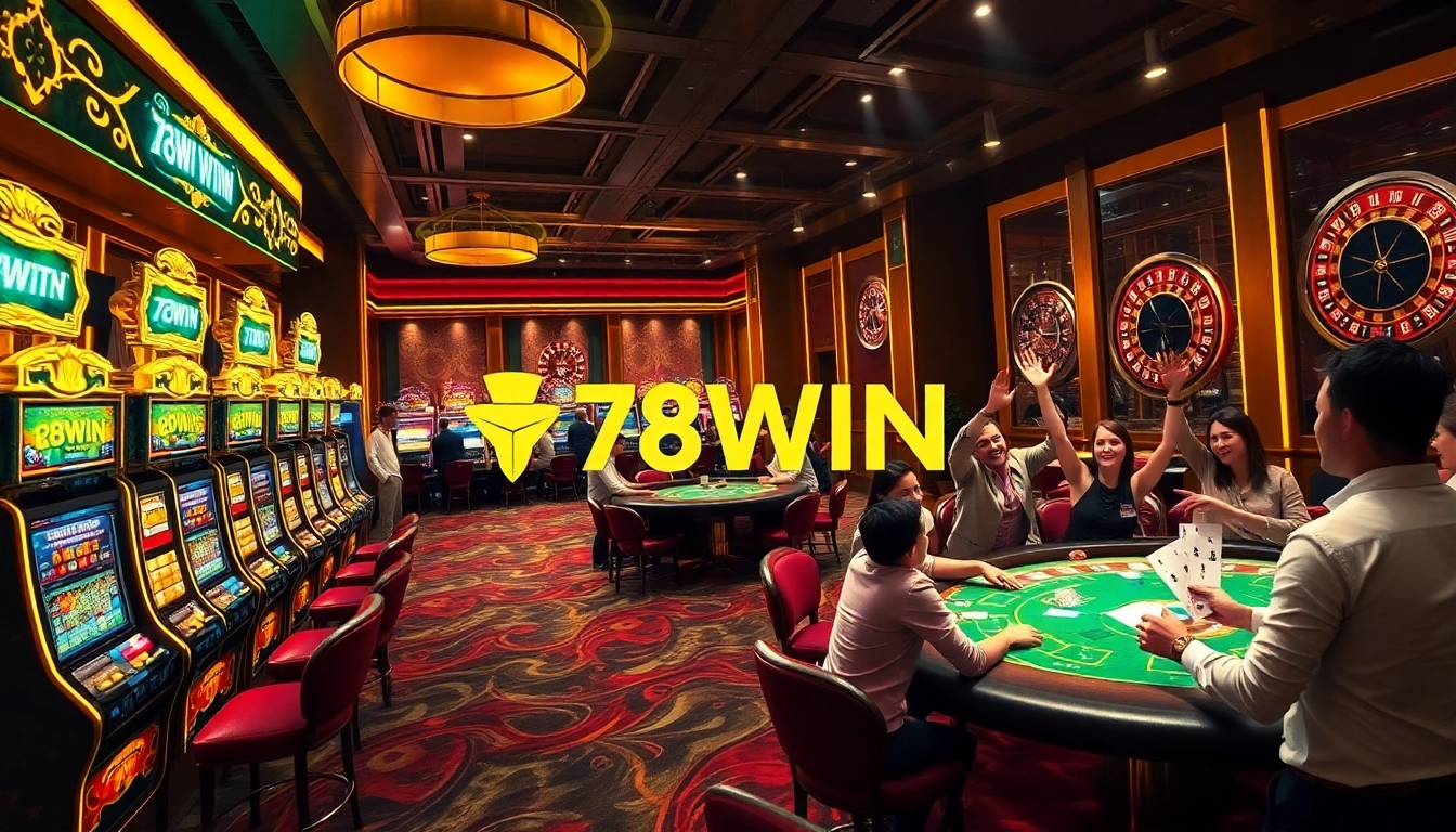 Experience thrilling wins at 78WIN's vibrant casino, showcasing energetic players and exciting games.