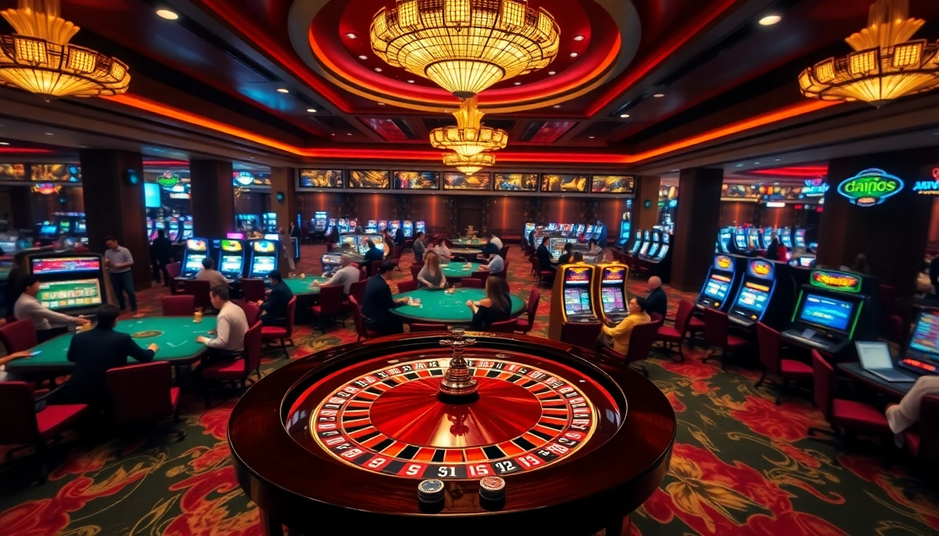 Experience the thrill of gaming at https://da88.navy/ with vibrant slot machines and a lively roulette table.