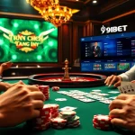 Engage in an exciting poker game at the Trang chủ 9BET casino with vibrant chips and cards.