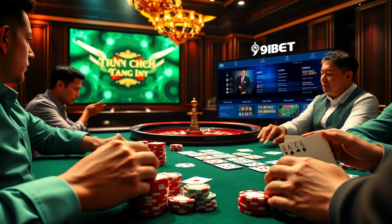 Engage in an exciting poker game at the Trang chủ 9BET casino with vibrant chips and cards.