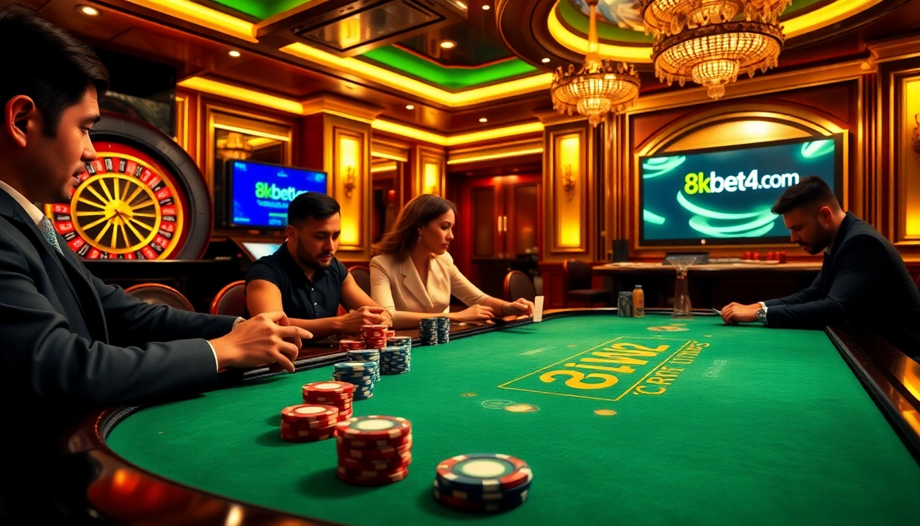 Gambling at a vibrant poker table illuminated by bright lights, showcasing 8kbet4.com excitement.