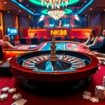 Experience excitement at NK88 with poker chips and a roulette wheel in a casino setting.