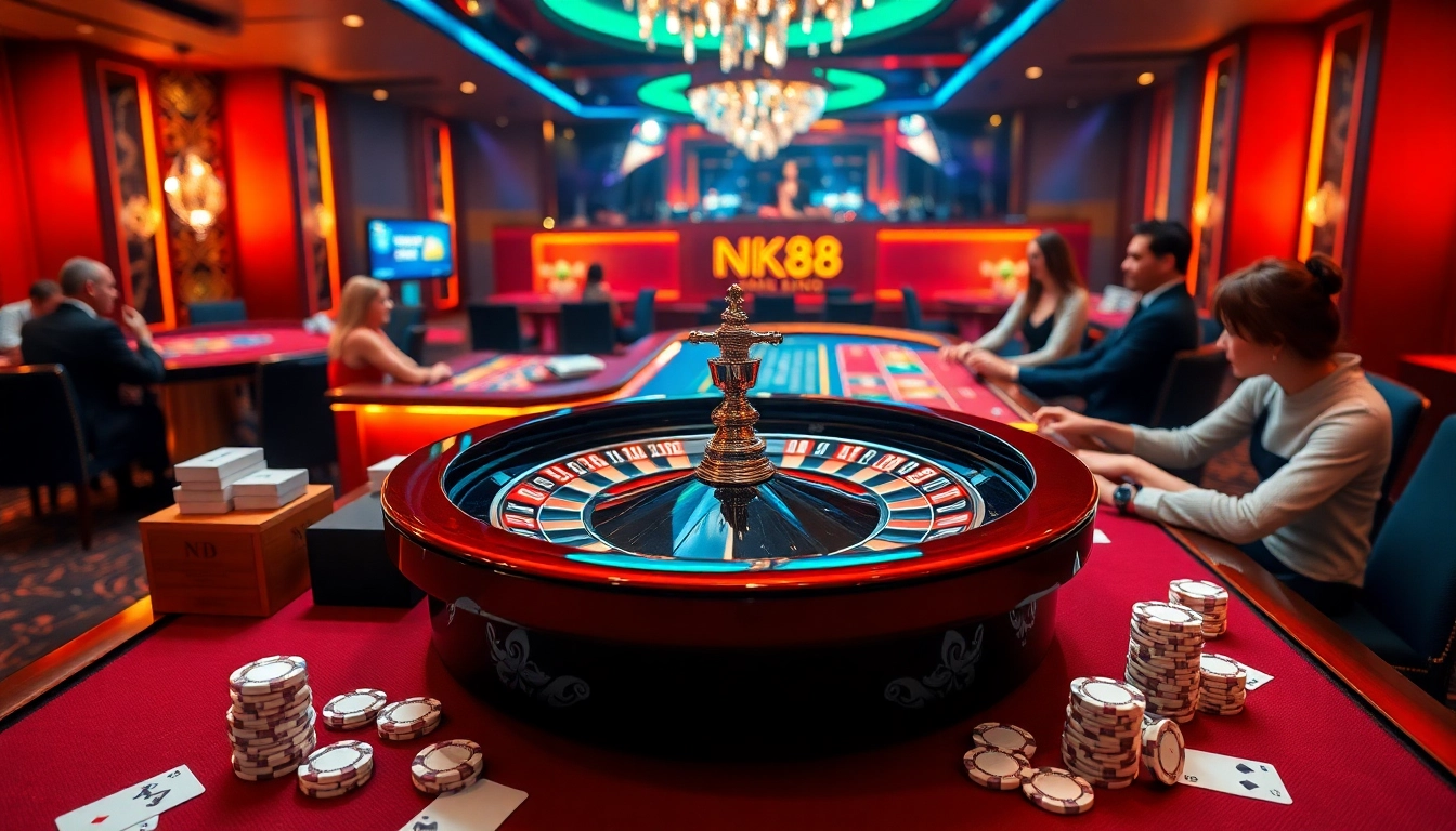 Experience excitement at NK88 with poker chips and a roulette wheel in a casino setting.