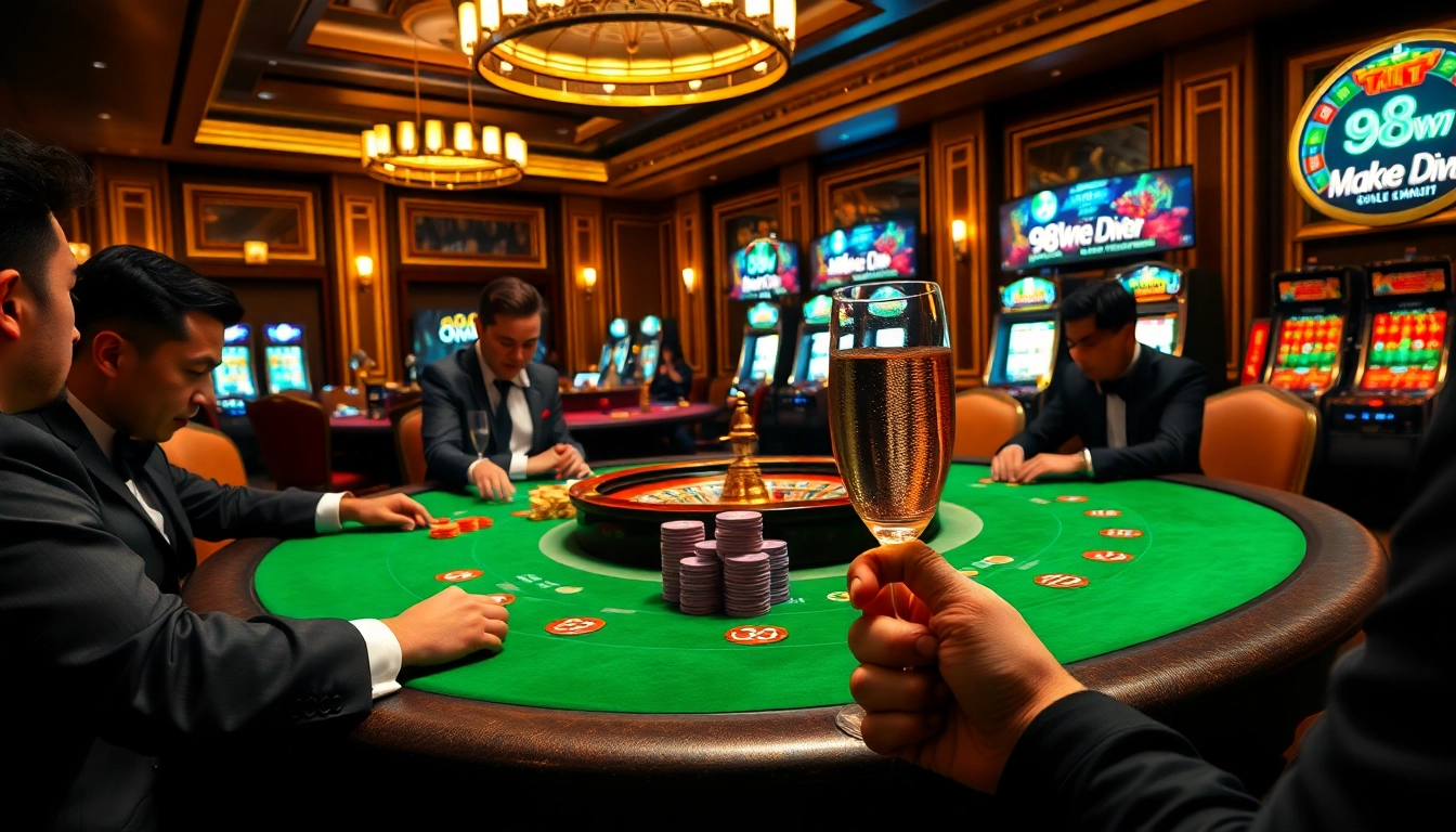 Experience the thrill of 98win with a high-stakes poker game and vibrant casino ambiance.