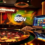 Experience the thrill of gambling at https://188v.today/ with a vibrant casino scene featuring roulette and poker chips.