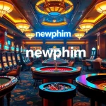 A dynamic casino scene showcasing newphim-themed gaming excitement with roulette wheels and slot machines.