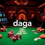 Gamblers strategizing at a Daga poker table amid luxurious décor and vibrant casino lights.