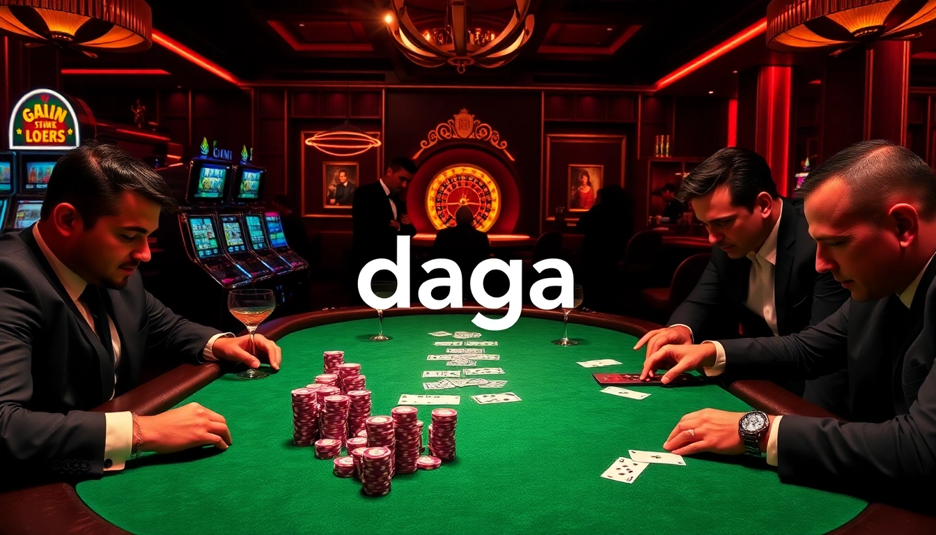 Gamblers strategizing at a Daga poker table amid luxurious décor and vibrant casino lights.