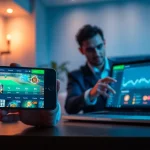 OKATM user engaging with modern online betting interface on smartphone and laptop, showcasing sports and casino games.