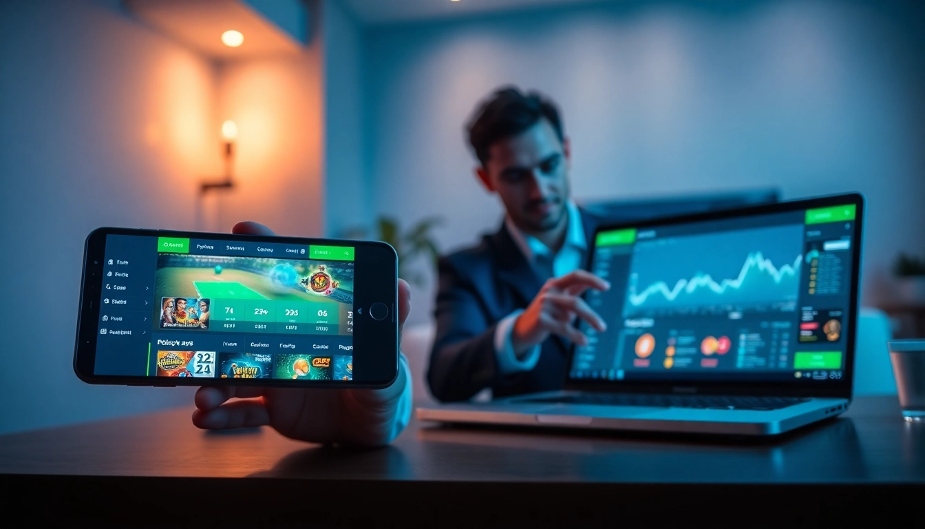 OKATM user engaging with modern online betting interface on smartphone and laptop, showcasing sports and casino games.