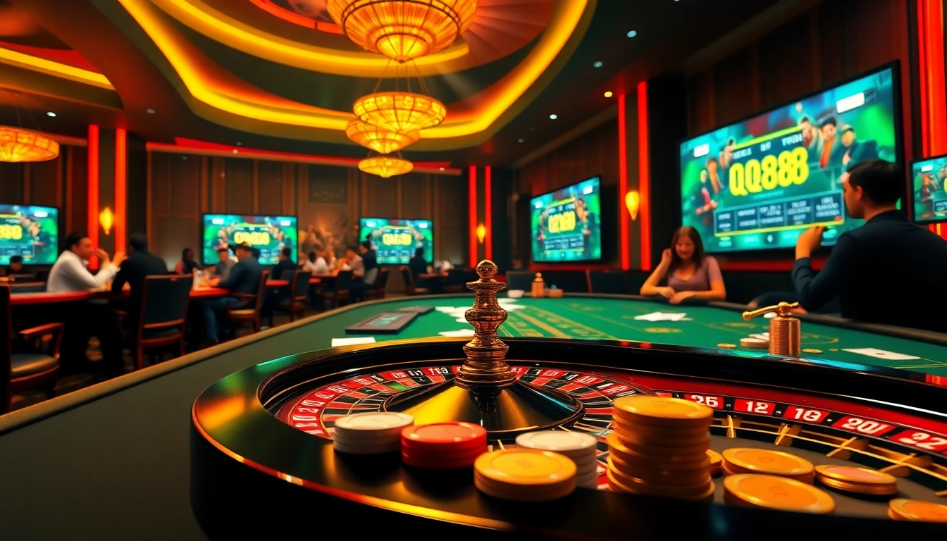 Experience the excitement of QQ88 with vibrant casino tables, cards, and gaming action.