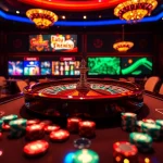 Engage in exciting gameplay at Cổng game Hitclub with vibrant tables, roulette wheels, and colorful poker chips.