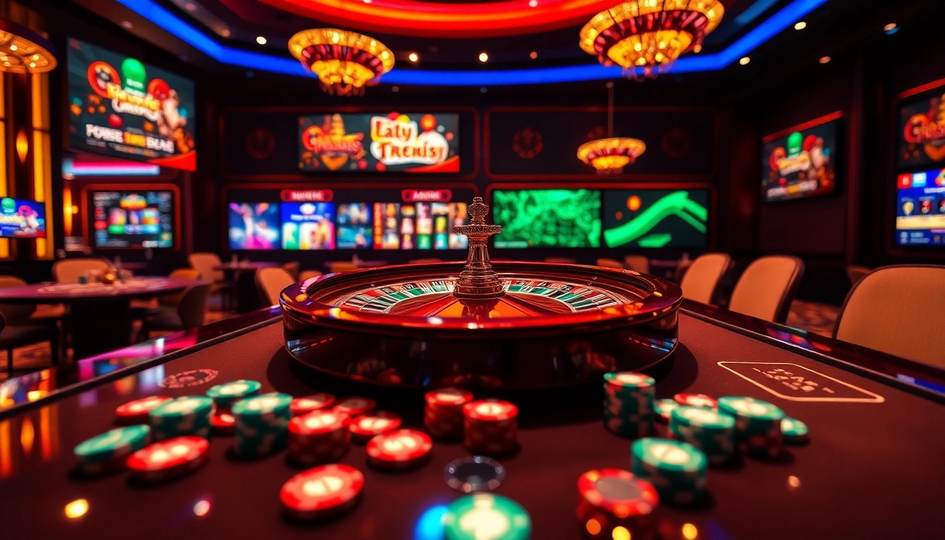 Engage in exciting gameplay at Cổng game Hitclub with vibrant tables, roulette wheels, and colorful poker chips.