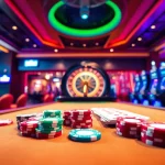 The exhilarating energy of nhà cái F168 casino with vibrant tables and colorful poker chips.