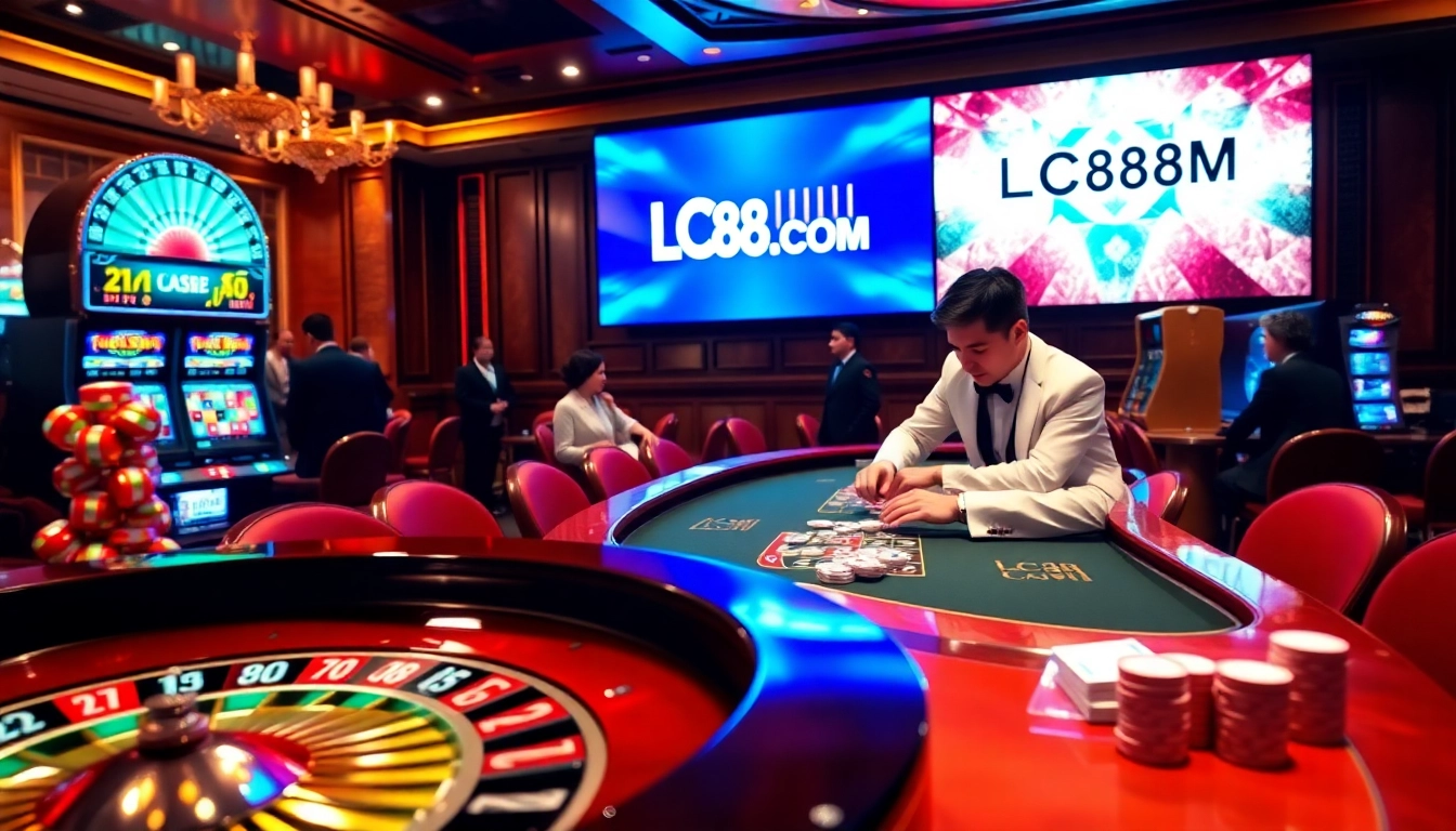Experience the thrill of winning at LC88.COM with poker chips and vibrant slot machines.