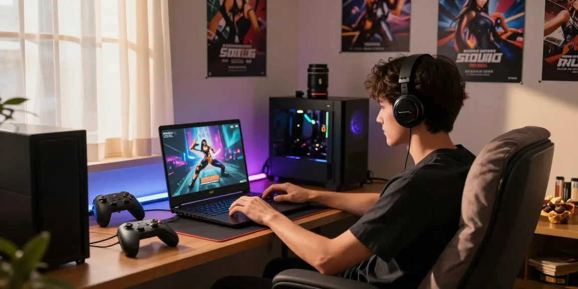 Player enjoying hentai games html with colorful ambient lighting in cozy gaming room.