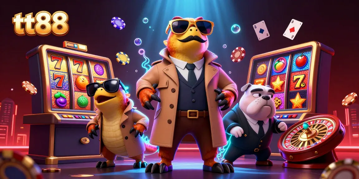 Bet big with tt88 in a packed casino scene of raptors and a bulldog bouncer, showcasing vibrant slots and cards.